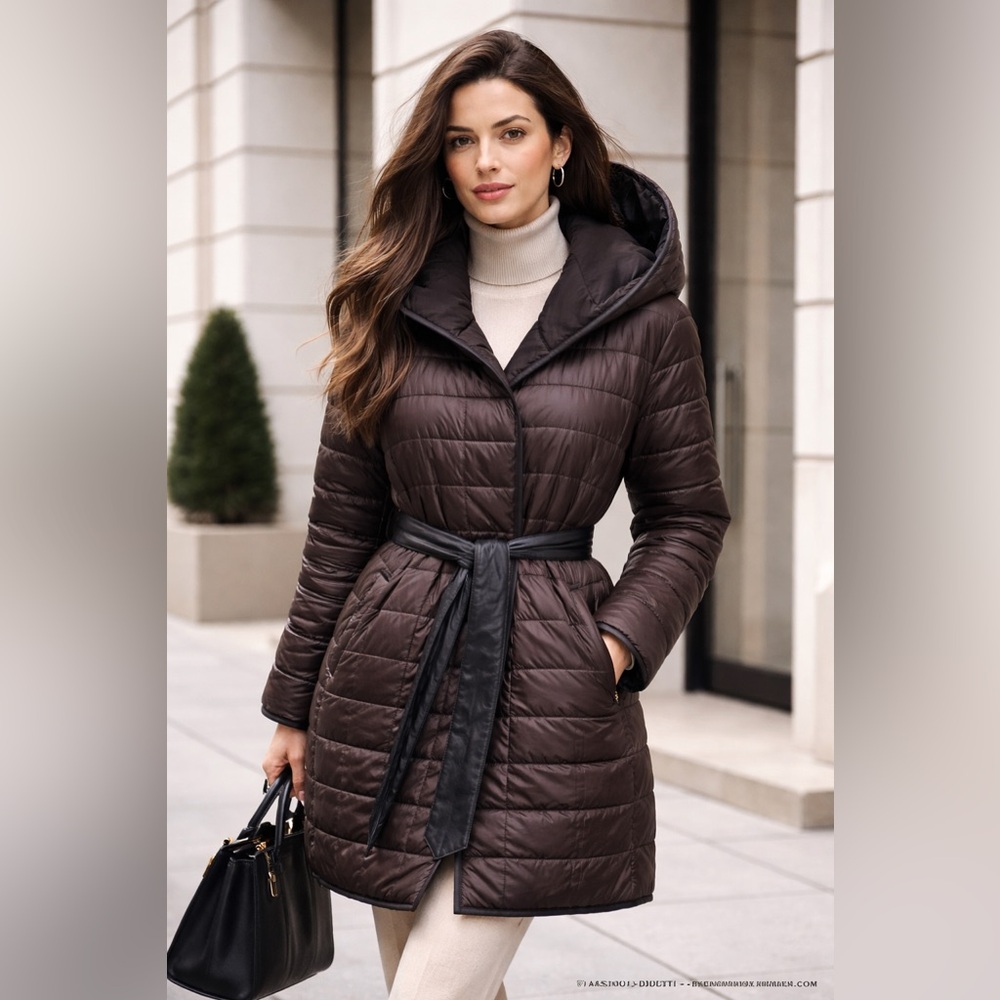 Massimo Dutti XL Dark Brown Reversible Quilted Coat Belted